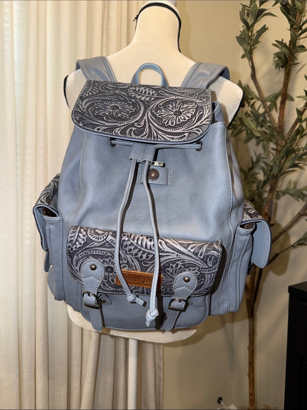 Wrangler Blue Floral-Embossed Leather Backpack